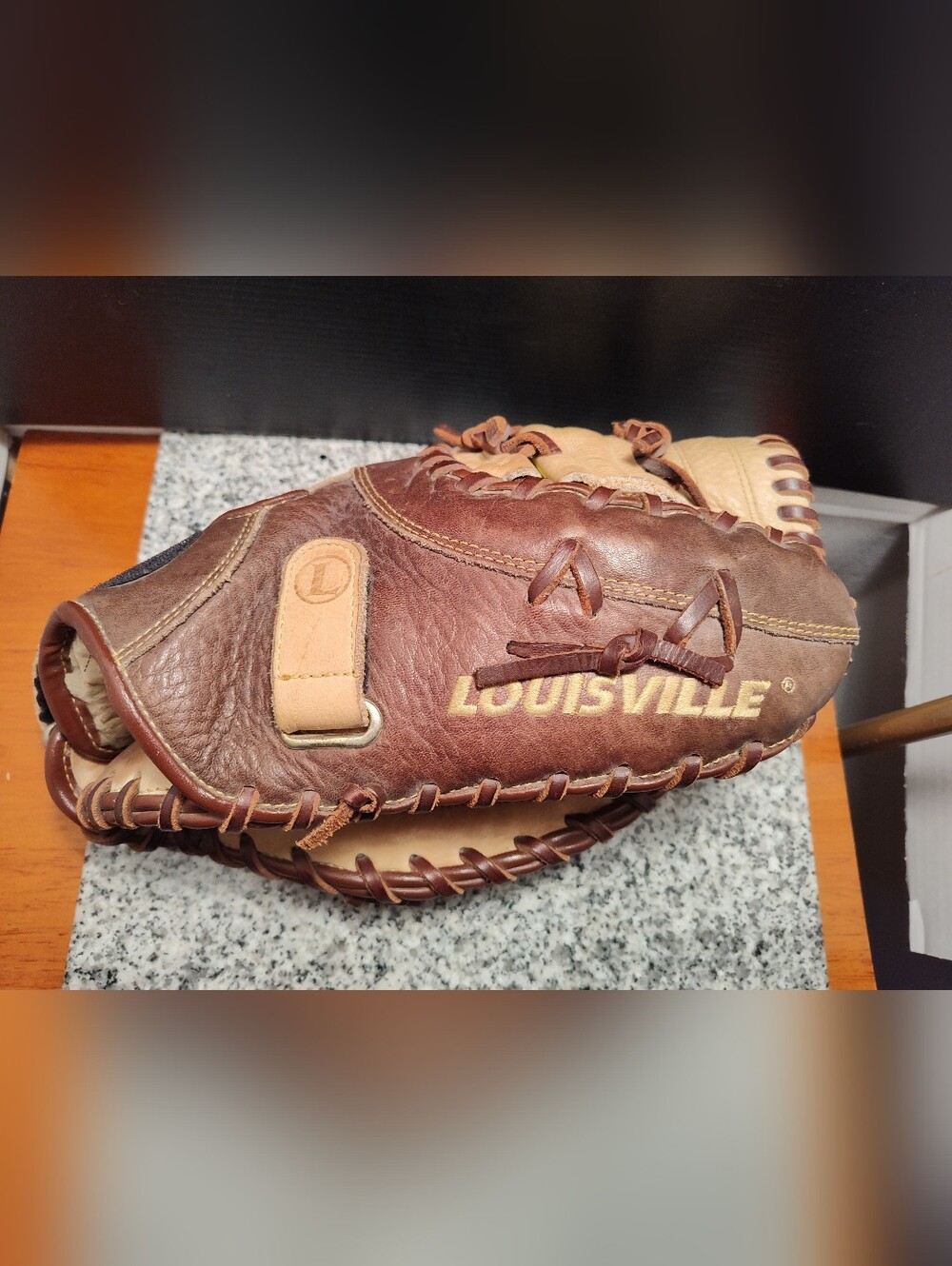 Louisville Slugger Brown Leather Softball Glove & Ball.